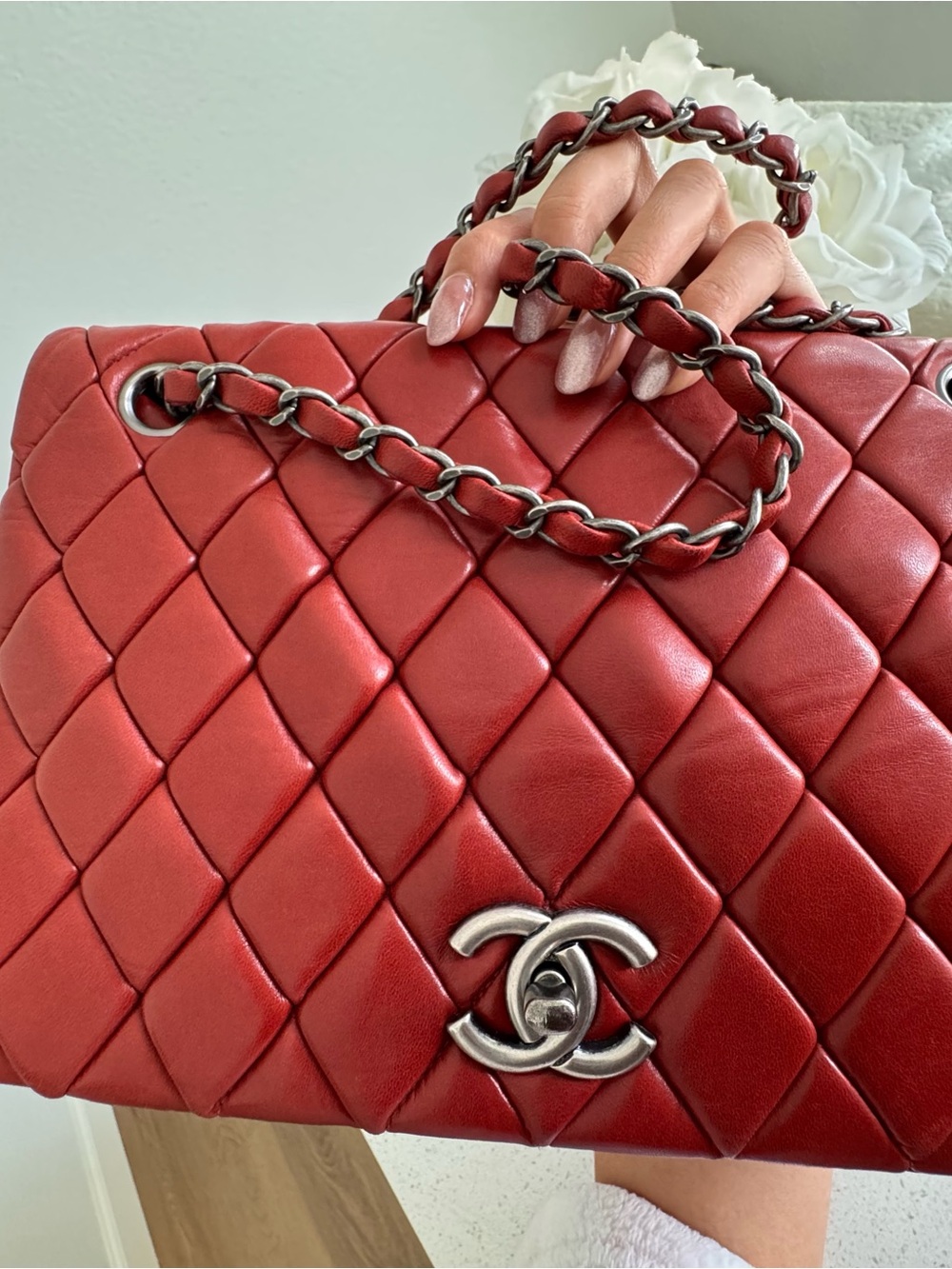 CHANEL Red Quilted Lambskin in ruthenium hardware